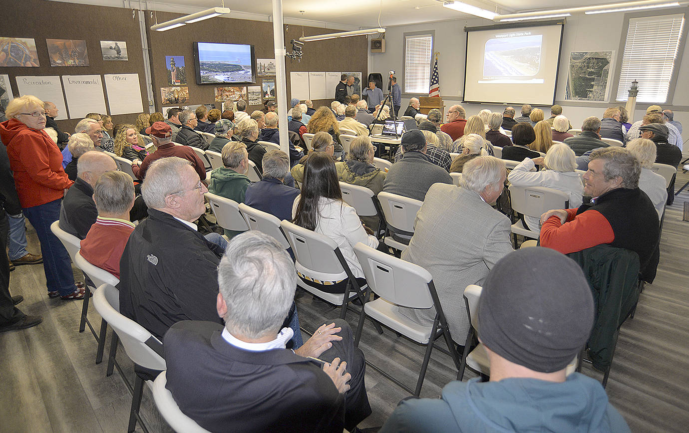 Photo by DAN HAMMOCK | GRAYS HARBOR NEWS GROUP                                It was standing room only at McCausland Hall by the time a State Parks open house to gauge public interest in a Scottish links-style golf course at Westport Light State Park began at 6 p.m. Tuesday.