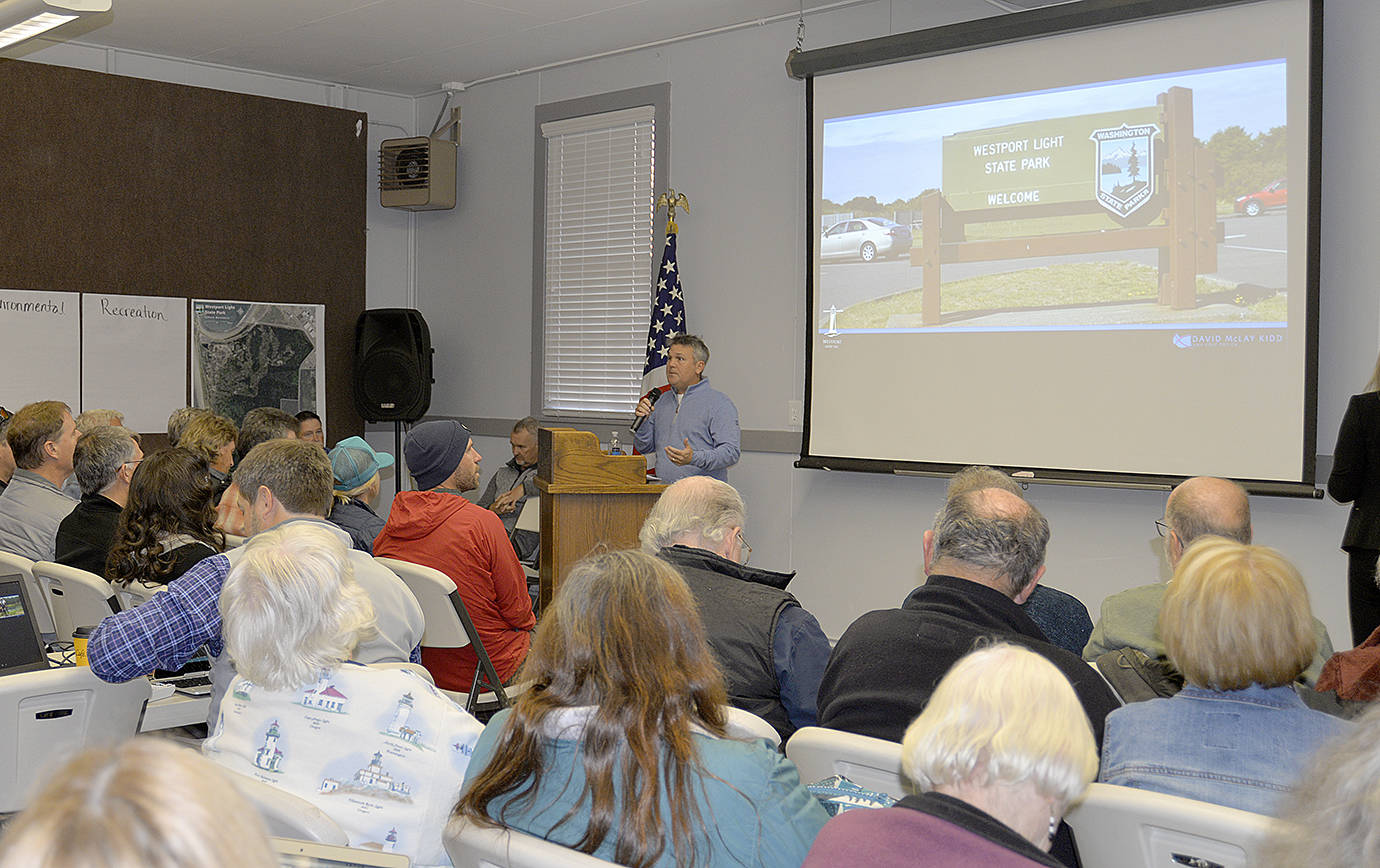 DAN HAMMOCK | GRAYS HARBOR NEWS GROUP                                Ryann Day of Westport Golf LLC talks about the group’s vision for a Scottish links-style golf course at Westport Light State Park during a packed open house at McCausland Hall Tuesday.