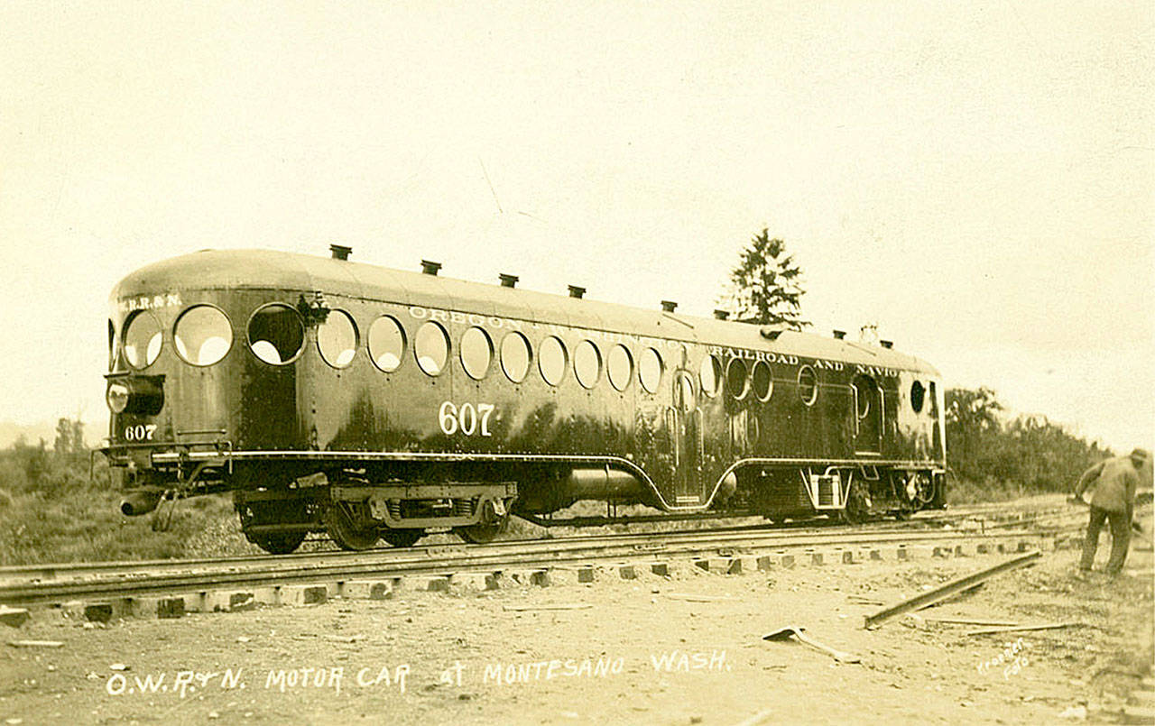 WASHINGTON STATE HISTORICAL SOCIETY COLLECTION                                A rear view of the Oregon-Washington Railway Navigations (OWRN) McKeen motor car No. 607 that ran on Grays Harbor about a hundred years ago, photographed in Montesano by Kronier.