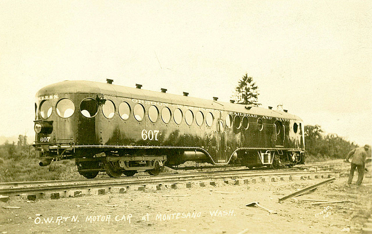 WASHINGTON STATE HISTORICAL SOCIETY COLLECTION                                A rear view of the Oregon-Washington Railway Navigation’s (OWRN) McKeen motor car No. 607 that ran on Grays Harbor about a hundred years ago, photographed in Montesano by Kronier.