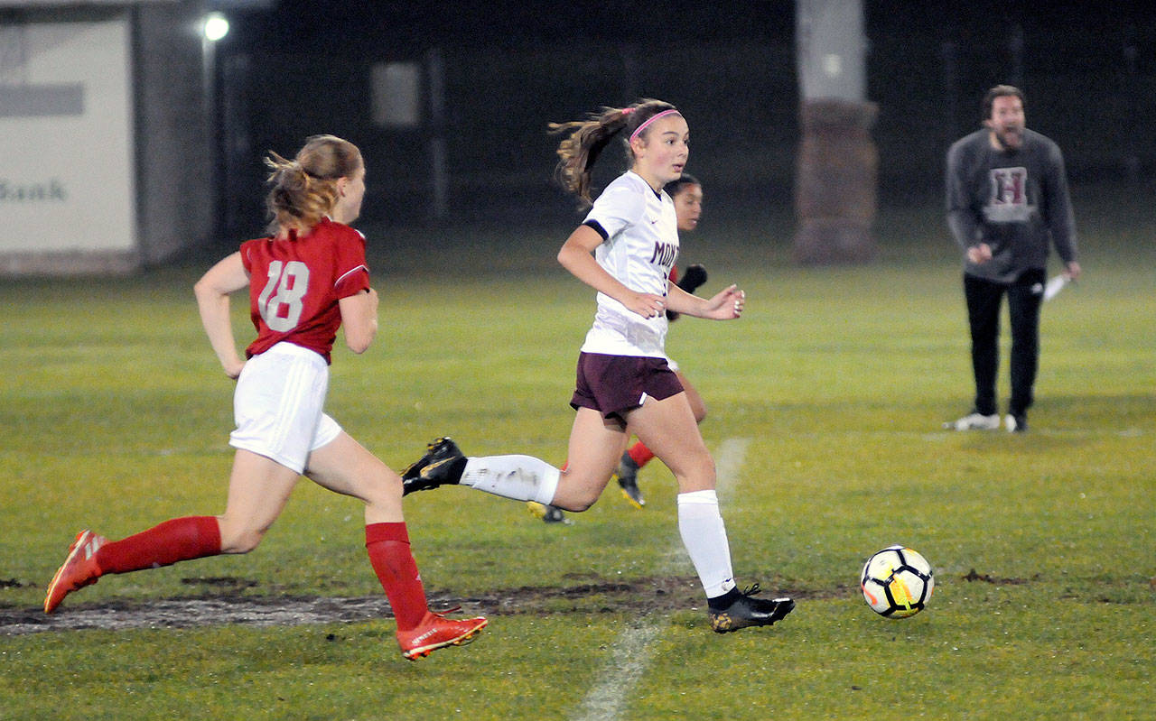 Montesano midfielder Jaiden Morrison, right, is chased by Hoquiam defender Ellie Winkleman (18) on Thursday at Olympic Stadium. Morrison scored two goals in Monte’s 4-1 victory. (Ryan Sparks | Grays Harbor News Group)