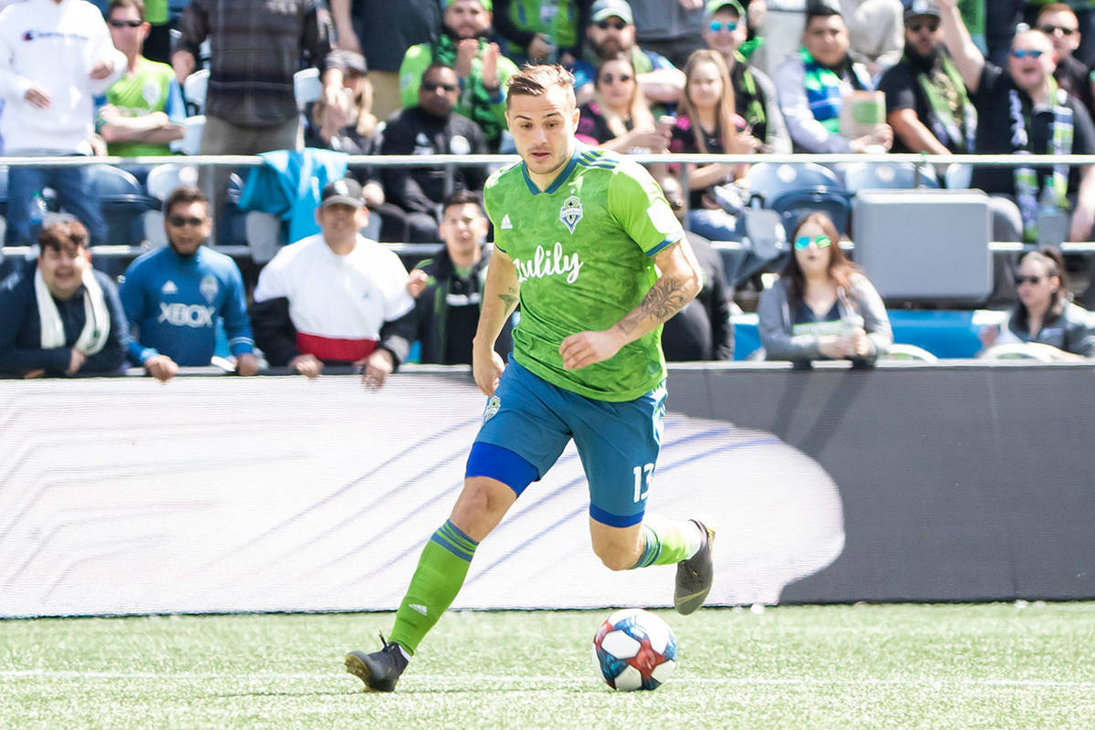 Seattle Sounders forward Jordan Morris breaks away and scores a goal in the first minute of the match against Los Angeles FC on Sunday, April 28, 2019 at CenturyLink Field in Seattle, Wash. (Bettina Hansen/Seattle Times/TNS)