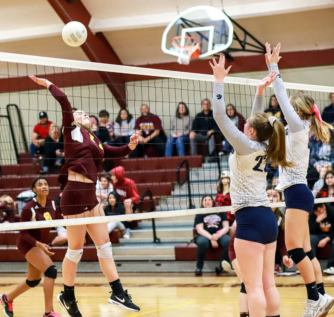 South Bend’s Reece Williams, left, goes up for a kill against the Pe Ell defense in the Indians’ straight-set win on Monday at South Bend High School. (Photo by Larry Bale)
