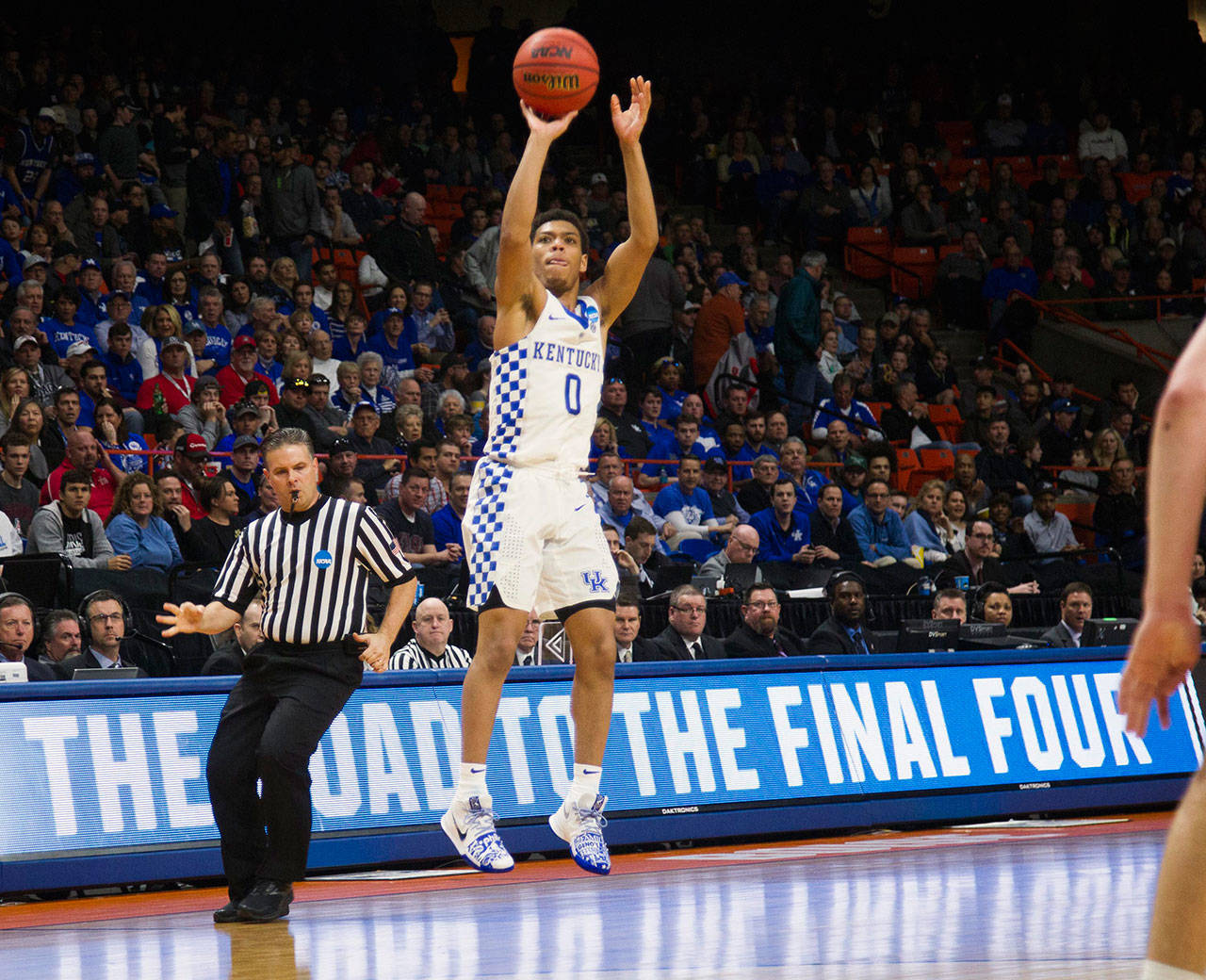 Former Kentucky point guard Quade Green pulls up for a 3-pointer against Davidson during the first round of the NCAA Tournament West Regional on March 15, 2018. Green transferred to Washington and had his eligibility petition approved by the NCAA on Friday. (Darin Oswald/Idaho Statesman/TNS)