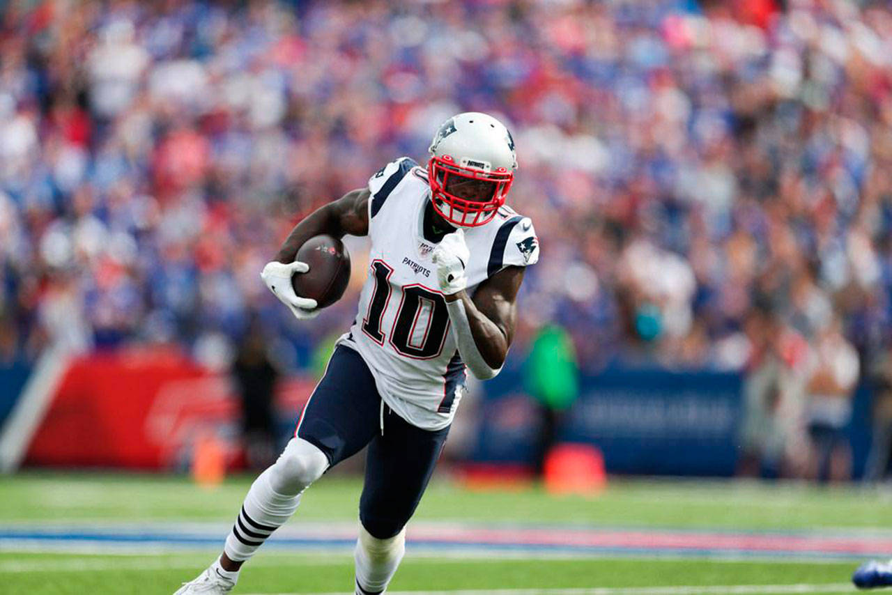 New England Patriots wide receiver Josh Gordon (10) plays against the Buffalo Bills in the second half of an NFL football game, Sunday, Sept. 29, 2019, in Orchard Park, N.Y.
