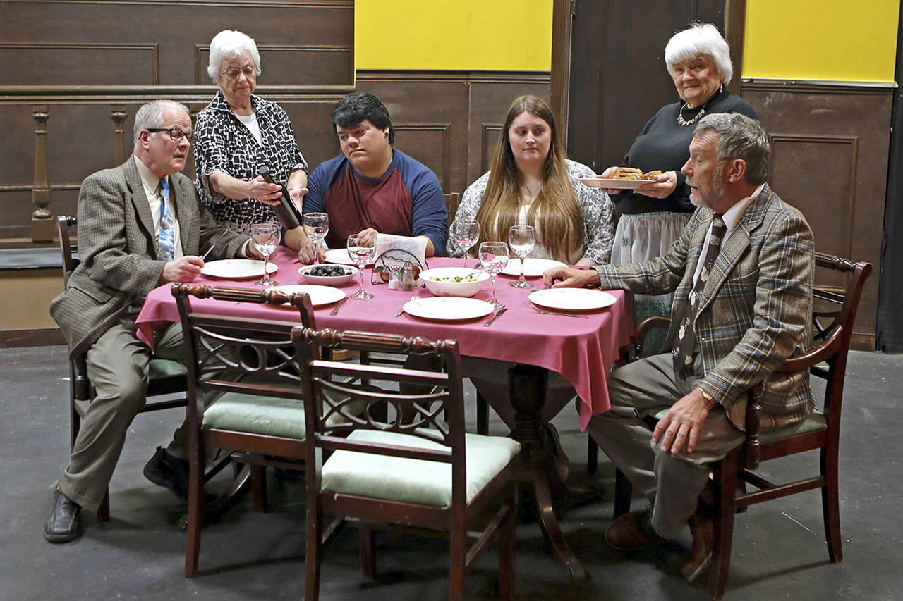Carol Krueger photos                                At their regular Sunday dinner, conniving grandparents (played by Keith Krueger and Judy Ball at left, Louise Hoover and Eddie Logue at right) arrange a surprise guest (McKenna Hansen) for their grandson Nick (Chris Fruto).