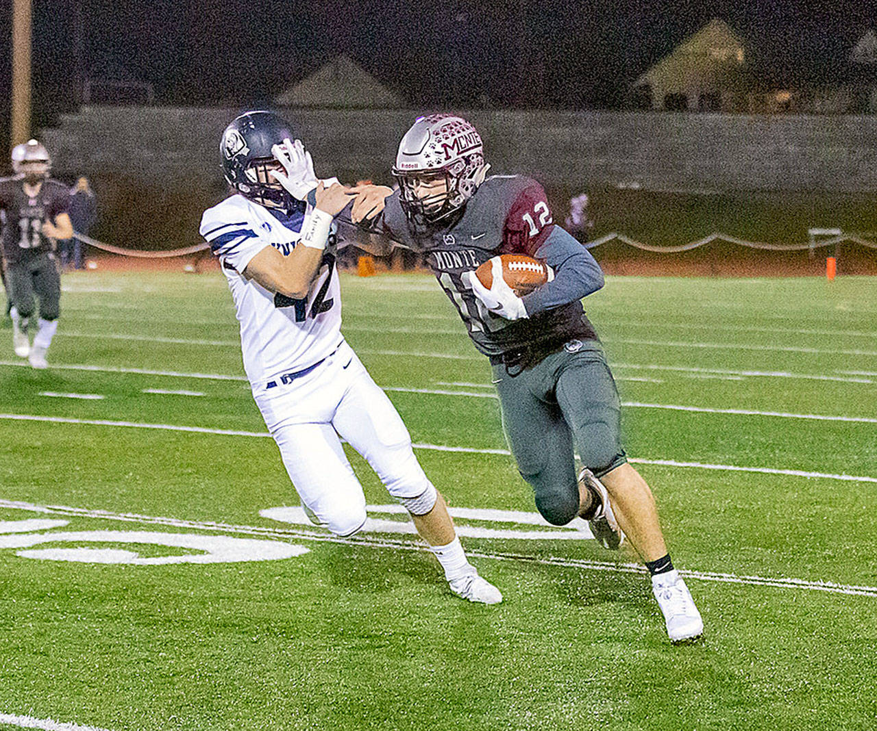 Montesano wide receiver Sam Winter (12), seen here in a game against King’s Way Christian on Nov. 8, had 133 receiving yards and four touchdowns in a 1A State Tournament victory over Meridian last week. Winter and Montesano will host Deer Park in the quarterfinal round at 2 p.m. on Saturday. (Photo by Shawn Donnelly)