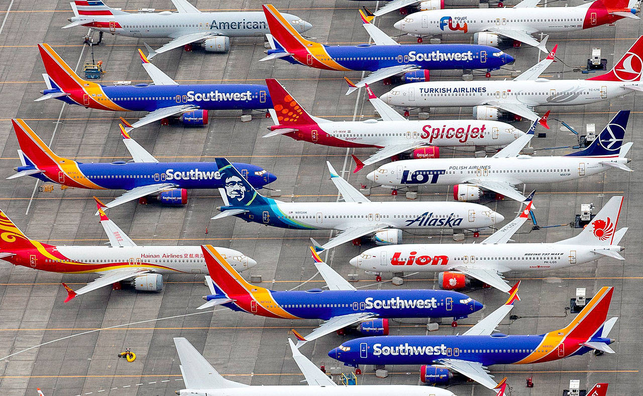 Nearly 200 completed Boeing 737 MAX airplanes including some for Southwest Airlines, are parked at the Grant County International Airport in Moses Lake. In March 2019, aviation authorities around the world grounded the passenger airliner after two separate crashes.(Mike Siegel /Seattle Times)