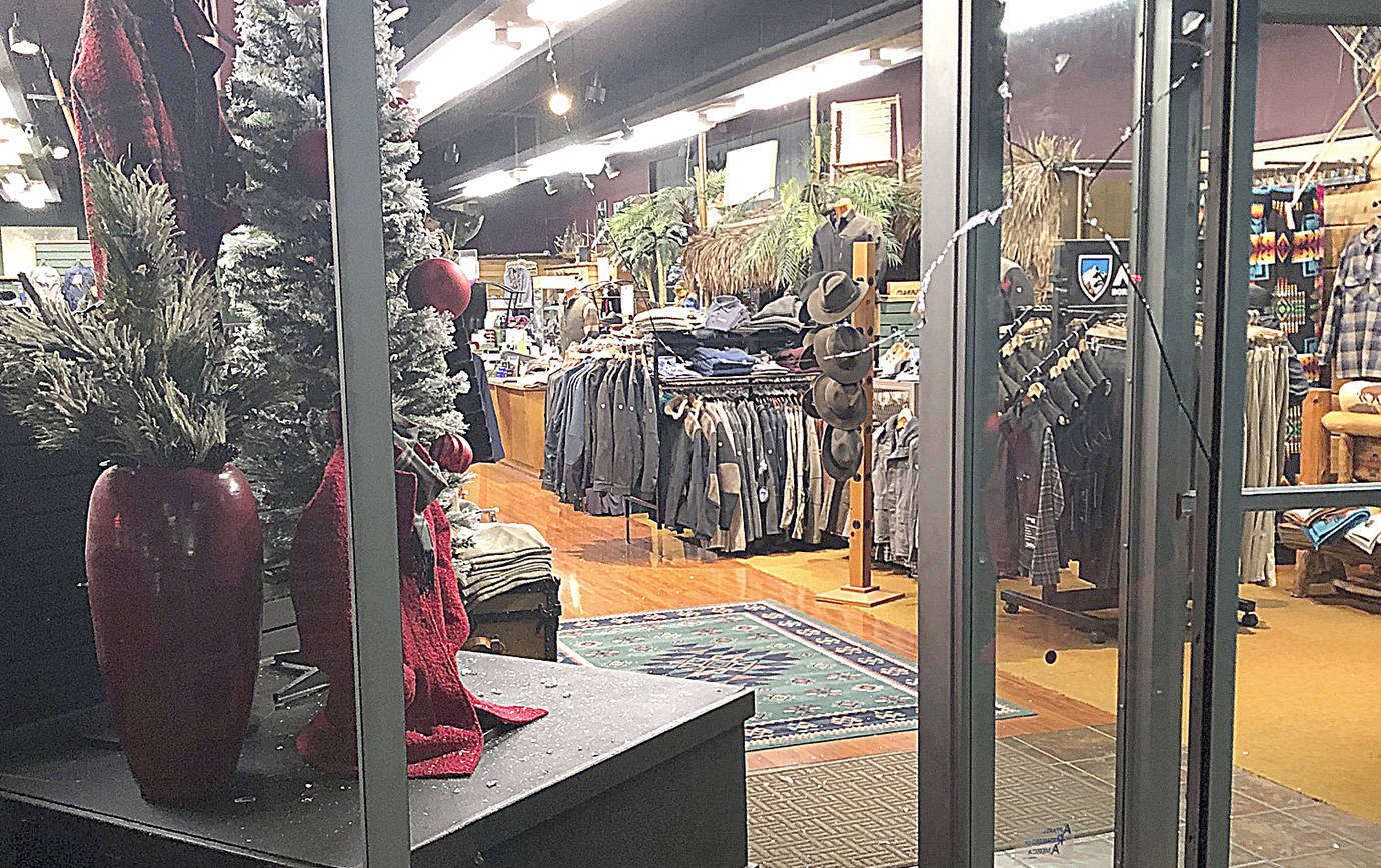COURTESY PHOTO                                A burglar smashed the front window of Waughs Mens and Womens Apparel on Heron Street in Aberdeen early Monday morning and made off with more than $7,000 in merchandise.