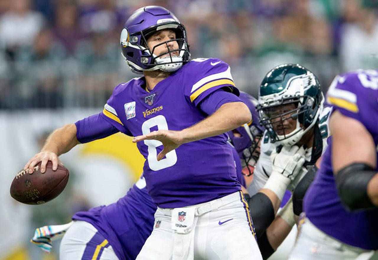 Minnesota Vikings quarterback Kirk Cousins looks to throw against the Philadelphia Eagles at U.S. Bank Stadium in Minneapolis on October 13, 2019. (Elizabeth Flores/Minneapolis Star Tribune/TNS)