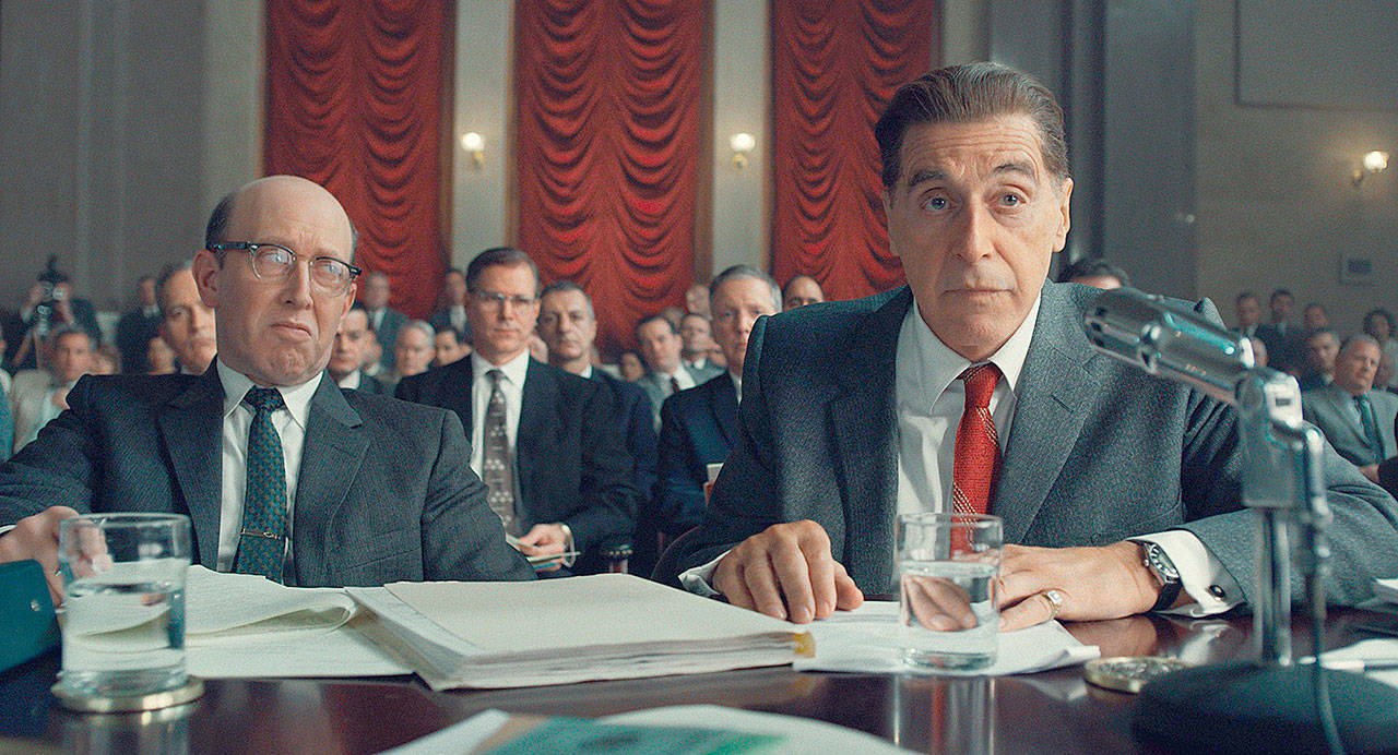 Al Pacino, right, as Jimmy Hoffa in the Senate chambers in “The Irishman.” (NETFLIX)