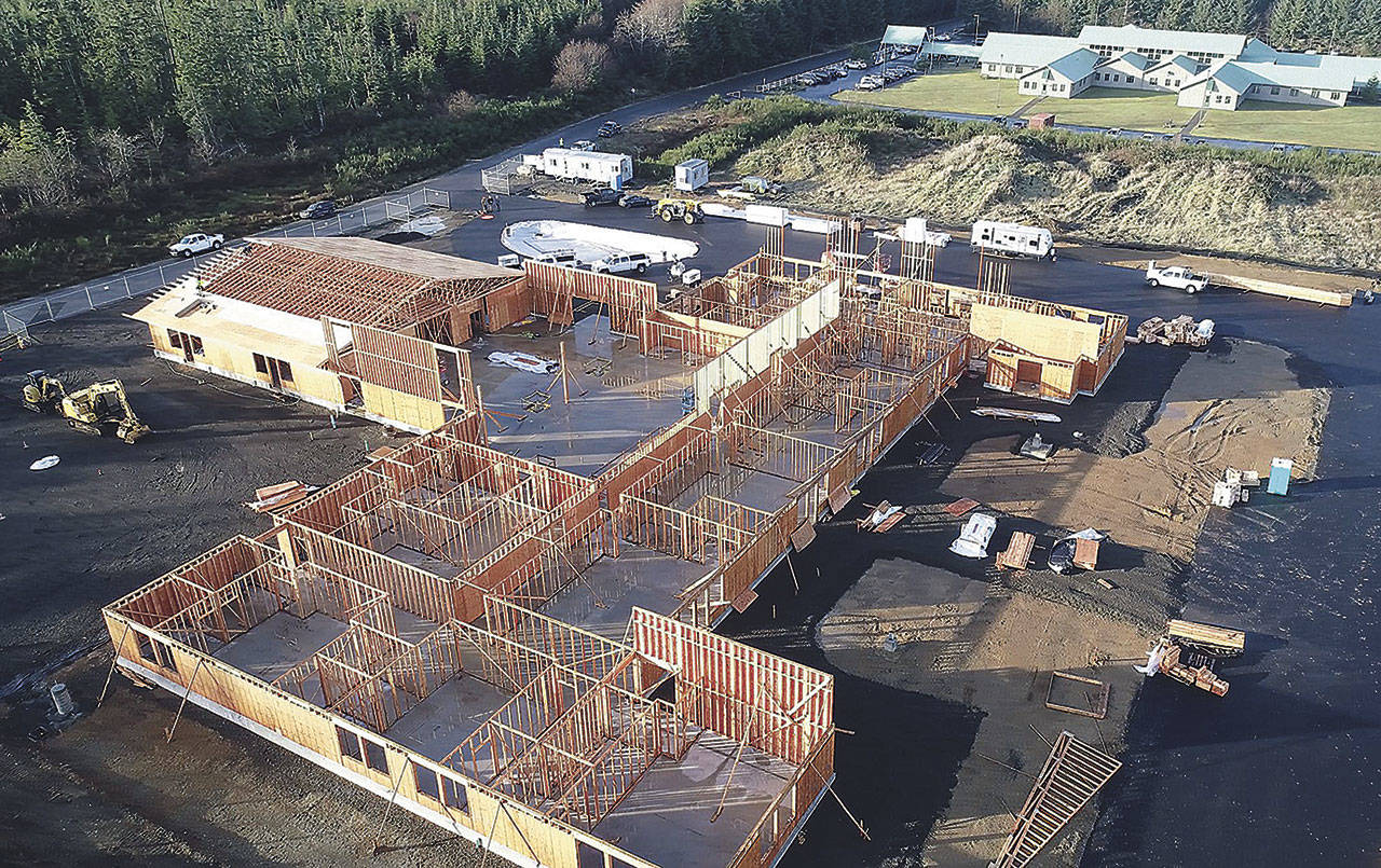 QUINAULT INDIAN NATION PHOTO BY RYAN EDIE                                The Quinault Indian Nation Generations Building under construction. The building will house the tribe’s senior program, early Head Start, and day care programs, moving those programs for the most vulnerable in the community to higher ground.
