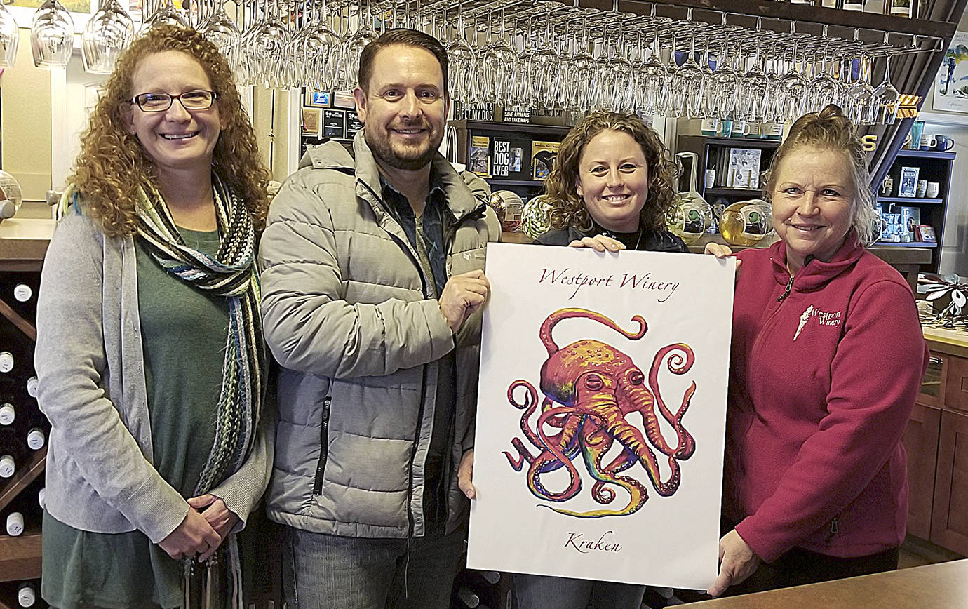 COURTESY WESTPORT WINERY                                Grays Harbor Historical Seaport board members Susan Dudley and Alex Kluh hold Kraken wine label art with winery owners Carrie Roberts and Kim Roberts. Kim Roberts designed the label art.