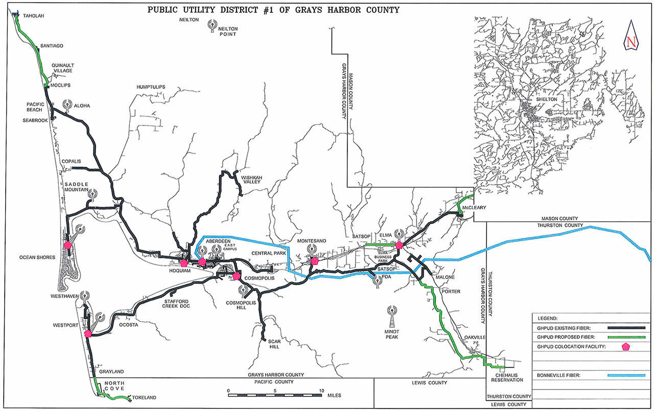 COURTESY GRAYS HARBOR PUD                                This map shows the area between Malone and the Chehalis Indian Reservation, denoted by a green line, where a $50,000 state grant will allow Grays Harbor PUD to conduct a fiber extension feasibility study.