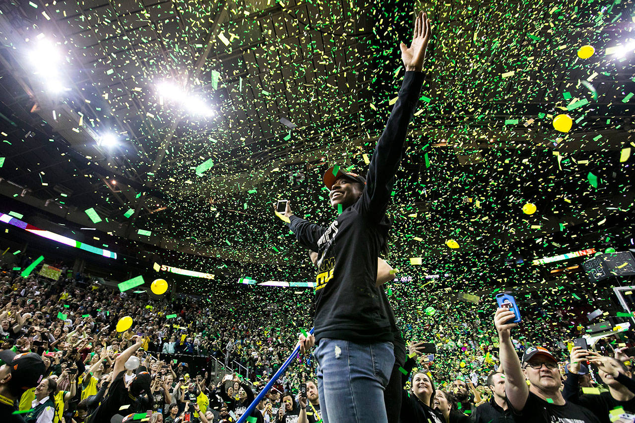 Seattle Storm guard Jewell Loyd basks in the confetti at a victory rally for the Seattle Storm, winners of the 2018 WNBA Championship, on Sunday, Sept. 16, 2018 at KeyArena. (Bettina Hansen/Seattle Times/TNS)