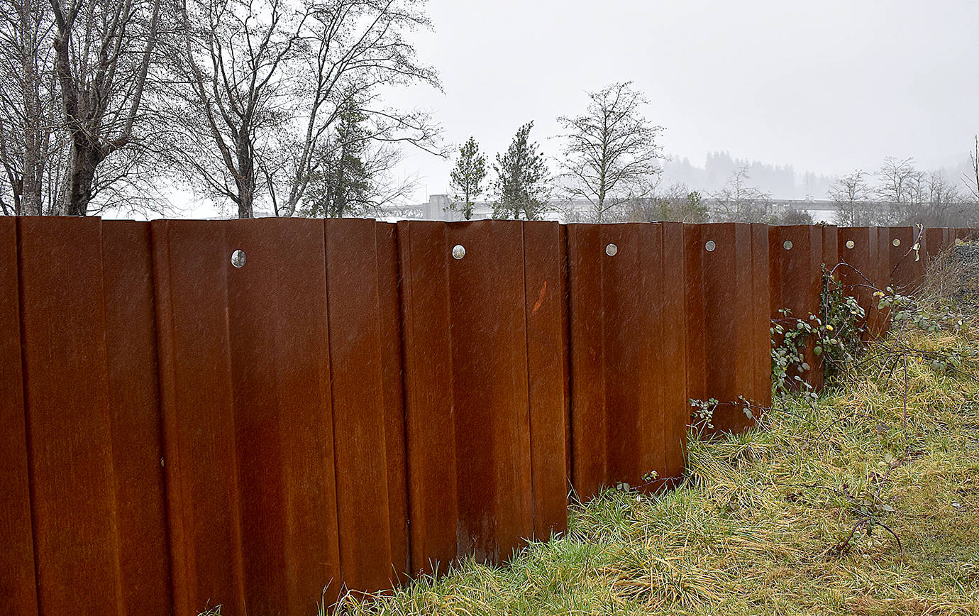DAN HAMMOCK | GRAYS HARBOR NEWS GROUP                                Sheet pile walls, like this one along the south side of the Chehalis River on SW Front Street in south Aberdeen, will be incorporated into the design of the North Shore Levee West Segment in Hoquiam.