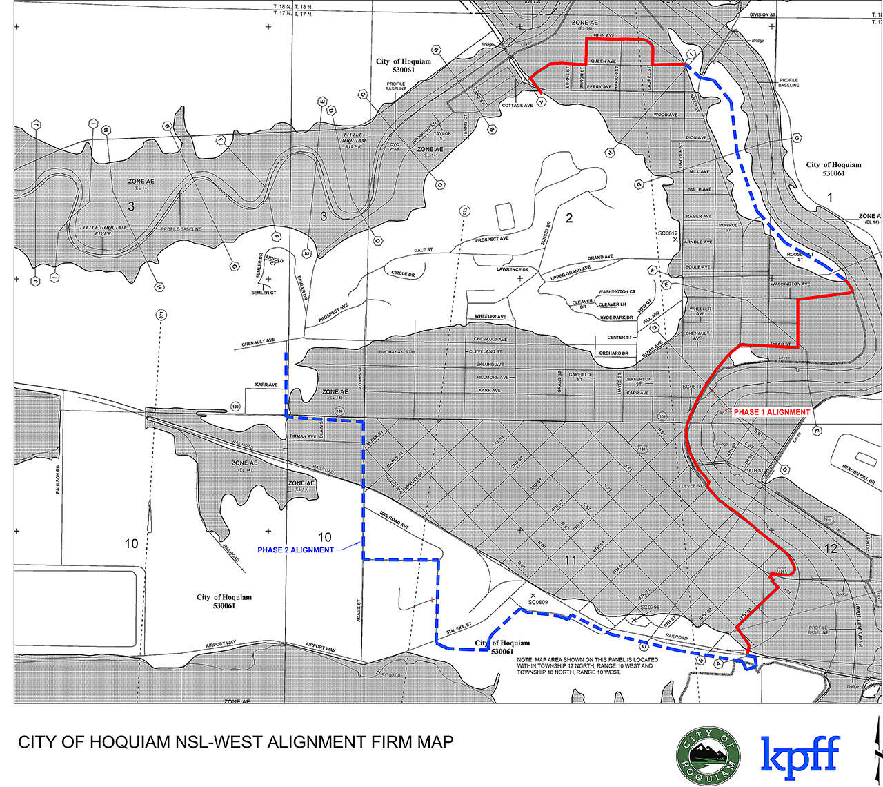 COURTESY KPFF                                 The proposed alignment of the North Shore Levee West Segment shows the project’s two phases: In red, Phase 1, where construction of some type of flood wall would be required; in blue, Phase 2, where natural high ground can be used and construction may not be necessary.