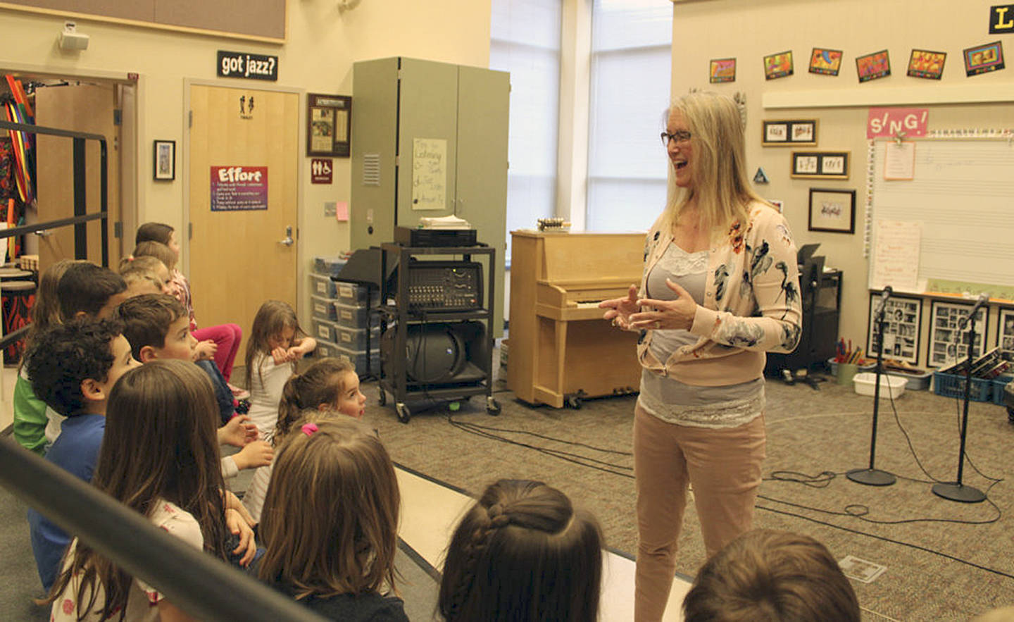 Photo by Kelly Moyer/Post-Record                                 Grass Valley Elementary School music teacher Natalie Wilson instructs a group of kindergarten students on Dec. 19. Wilson, who has taught at Camas schools for 35 years and leads one of the only elementary school-level vocal jazz ensembles in the United States, will soon be inducted into the Washington State Music Educators Association’s Hall of Fame.
