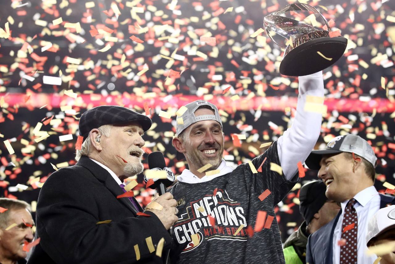 Head coach Kyle Shanahan of the San Francisco 49erscelebrates with the George Halas Trophy after winning the NFC Championship game against the Green Bay Packers at Levi’s Stadium on Sunday in Santa Clara, California. The 49ers beat the Packers 37-20. (Ezra Shaw/Getty ImageS/TNS)