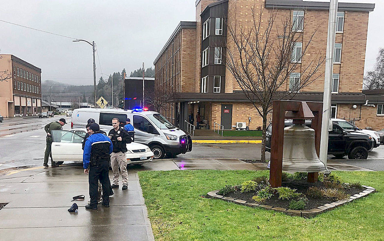 COURTESY HOQUIAM POLICE DEPARTMENT                                An Elma man was detained after parking a vehicle on the sidewalk and displaying a knife in front of Hoquiam City Hall Wednesday afternoon.