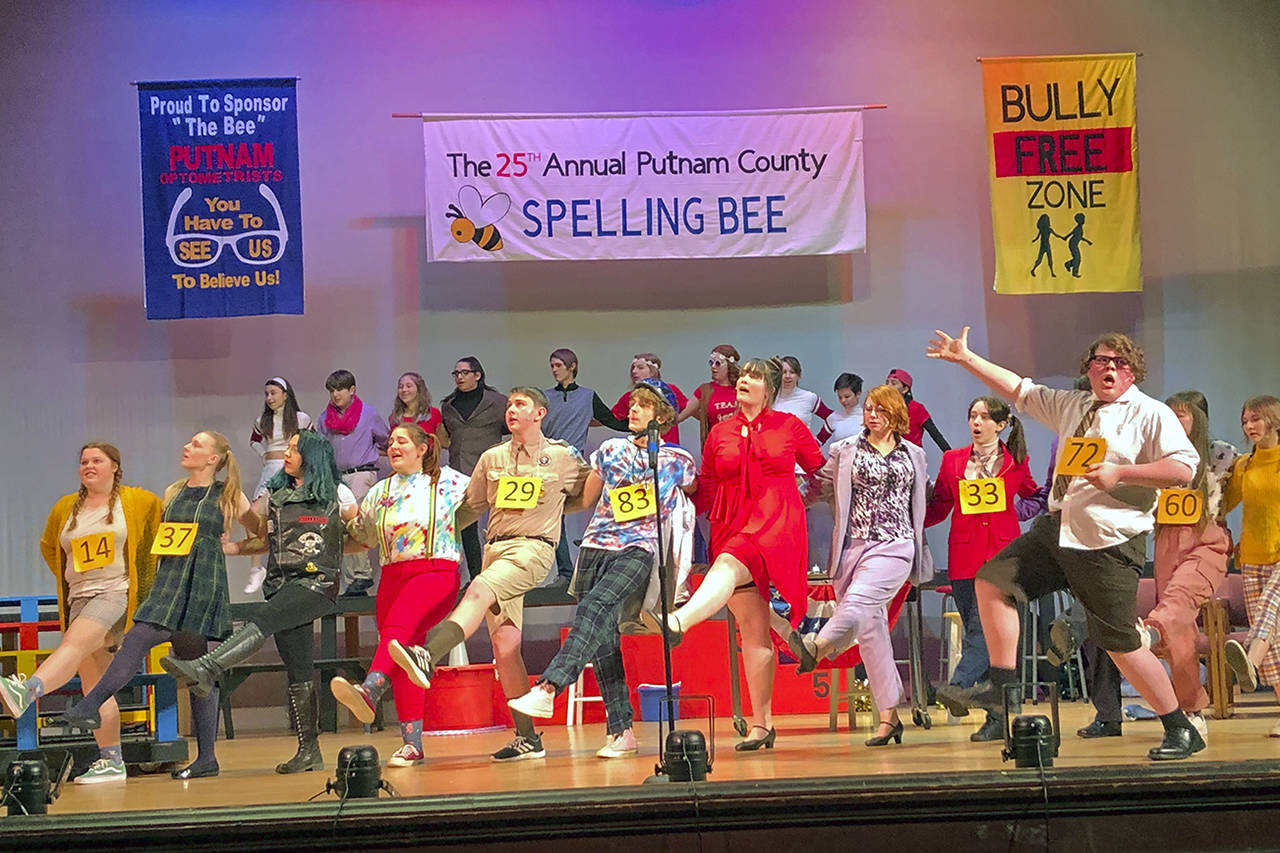 Courtesy photos                                The entire cast dances during a scene from “The 25th Annual Putnam County Spelling Bee,” Hoquiam High School Drama’s spring production.