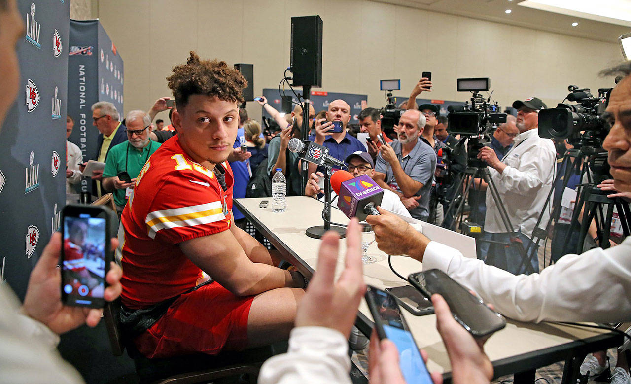 Kansas City Chiefs quarterback Patrick Mahomes is interviewed by the media as the Chiefs prepare to play the San Francisco 49ers in Super Bowl LIV, on Tuesday, Jan. 28, 2020 Aventura, Fla. (Charles Trainor Jr./Miami Herald/TNS)