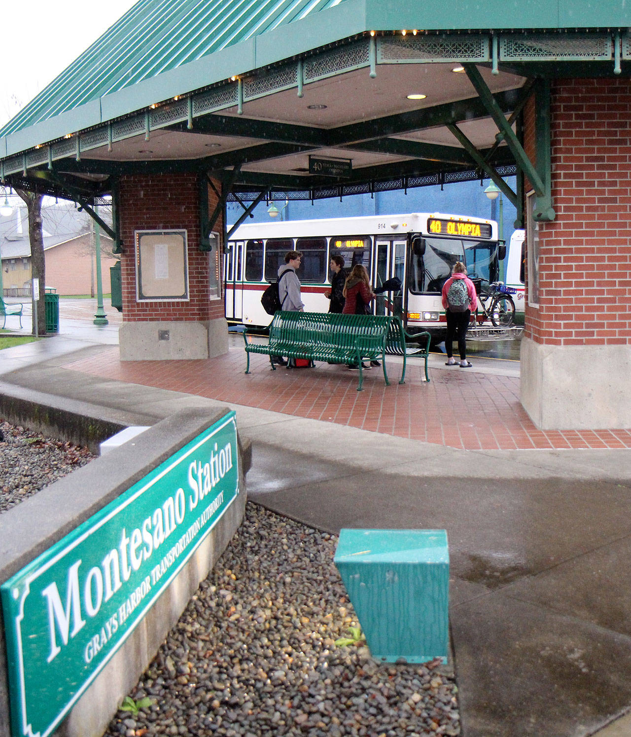 A Grays Harbor Transit bus headed toward Olympia arrives Thursday (Jan. 30, 2020) at the Montesano Station. GH Transit is considering expanding express service to Olympia and constructing park and ride lots along U.S. Highway 12/state Route 8. (Michael Lang | Grays Harbor News Group)