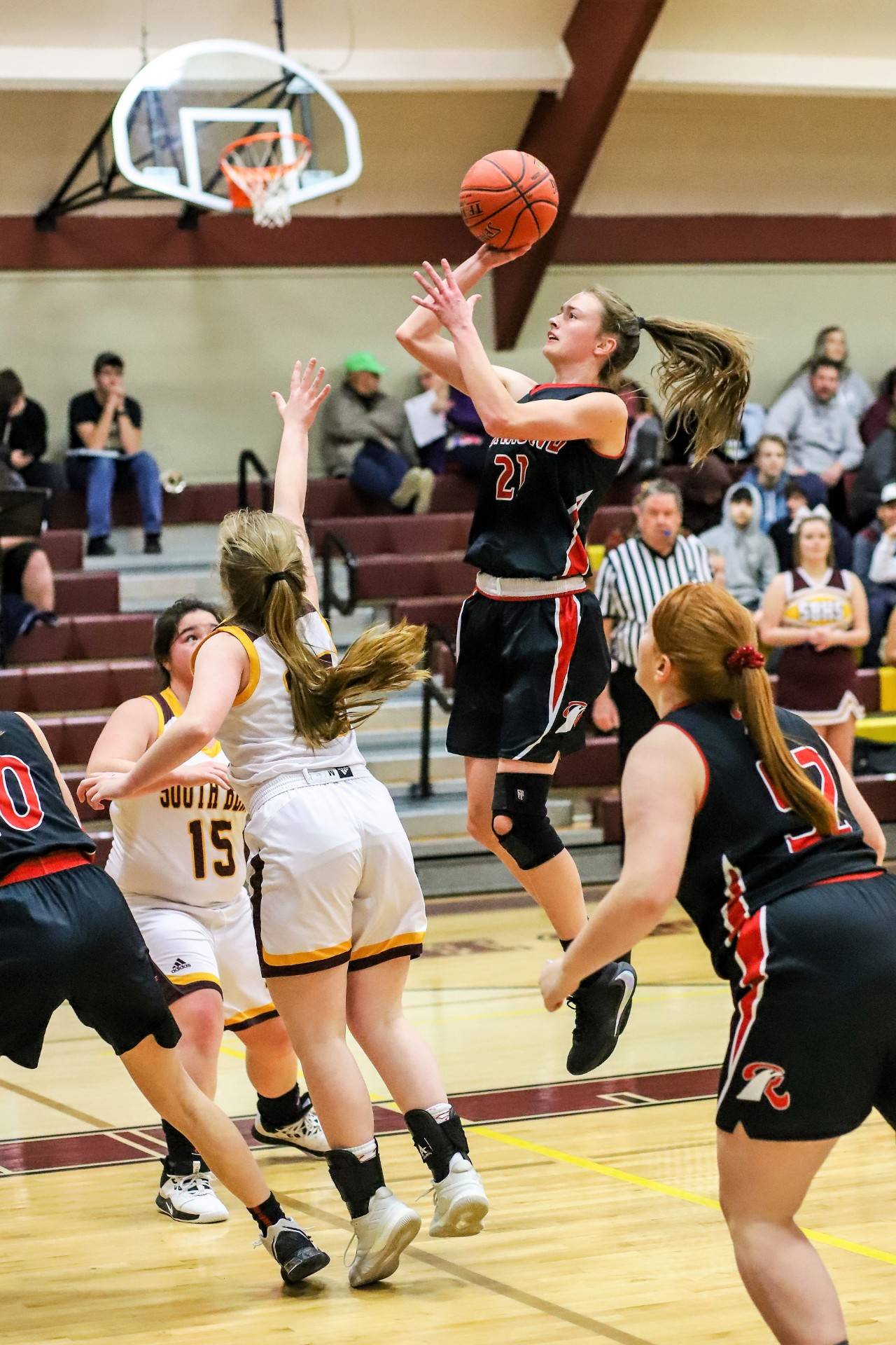 Raymond sophomore guard Kyra Gardner, seen here taking a jump shot against South Bend on Jan. 9, was named the 2B Pacific League MVP after leading the league in scoring at 24.1 points per game. (Photo by Larry Bale)