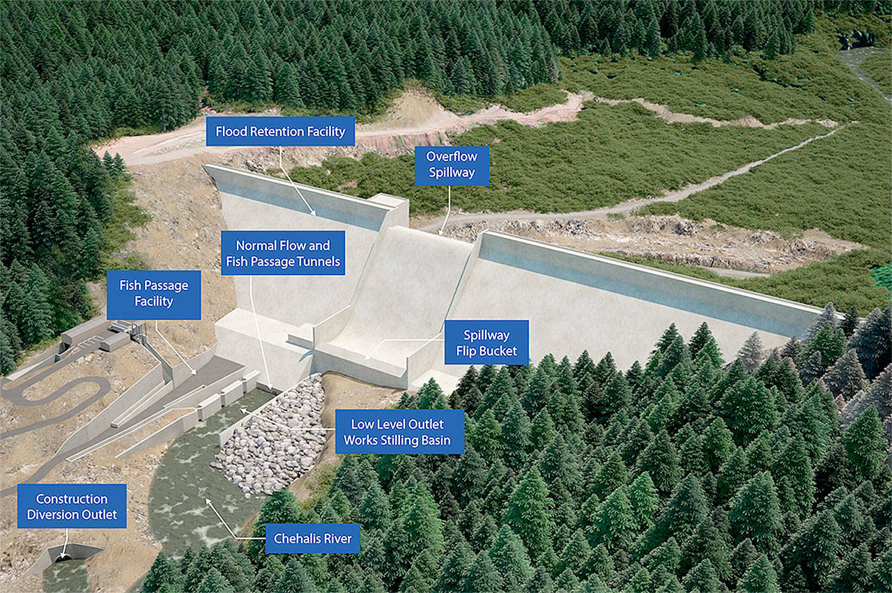 The proposed project calls for a flood retention facility and associated temporary reservoir near Pe Ell to reduce damages during a major flood. The facility would store floodwater during major floods and then slowly release it when it is safe to do so. (Courtesy Chehalis Basin Strategy)
