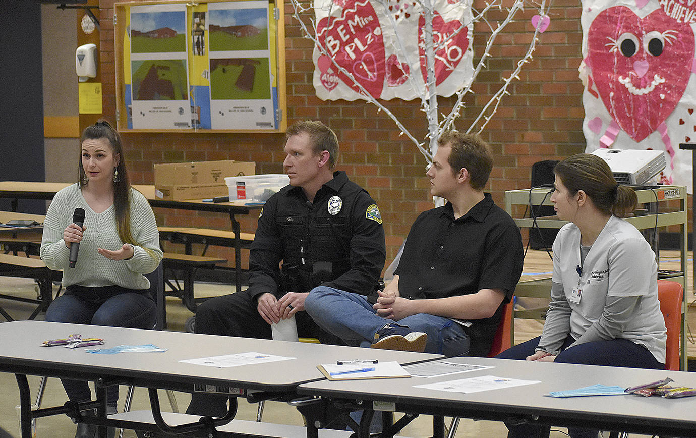 DAN HAMMOCK | GRAYS HARBOR NEWS GROUP                                 Parents who attended a Miller Junior High program Thursday detailing the district’s approach to drug abuse education asked questions to a panel of some of the involved entities. From left, Jessica Verboomen from True North, Aberdeen Police Officer Loren Neil, Cole Johnson from Behavior Health Resources, and Dr. Katie Zeigler.