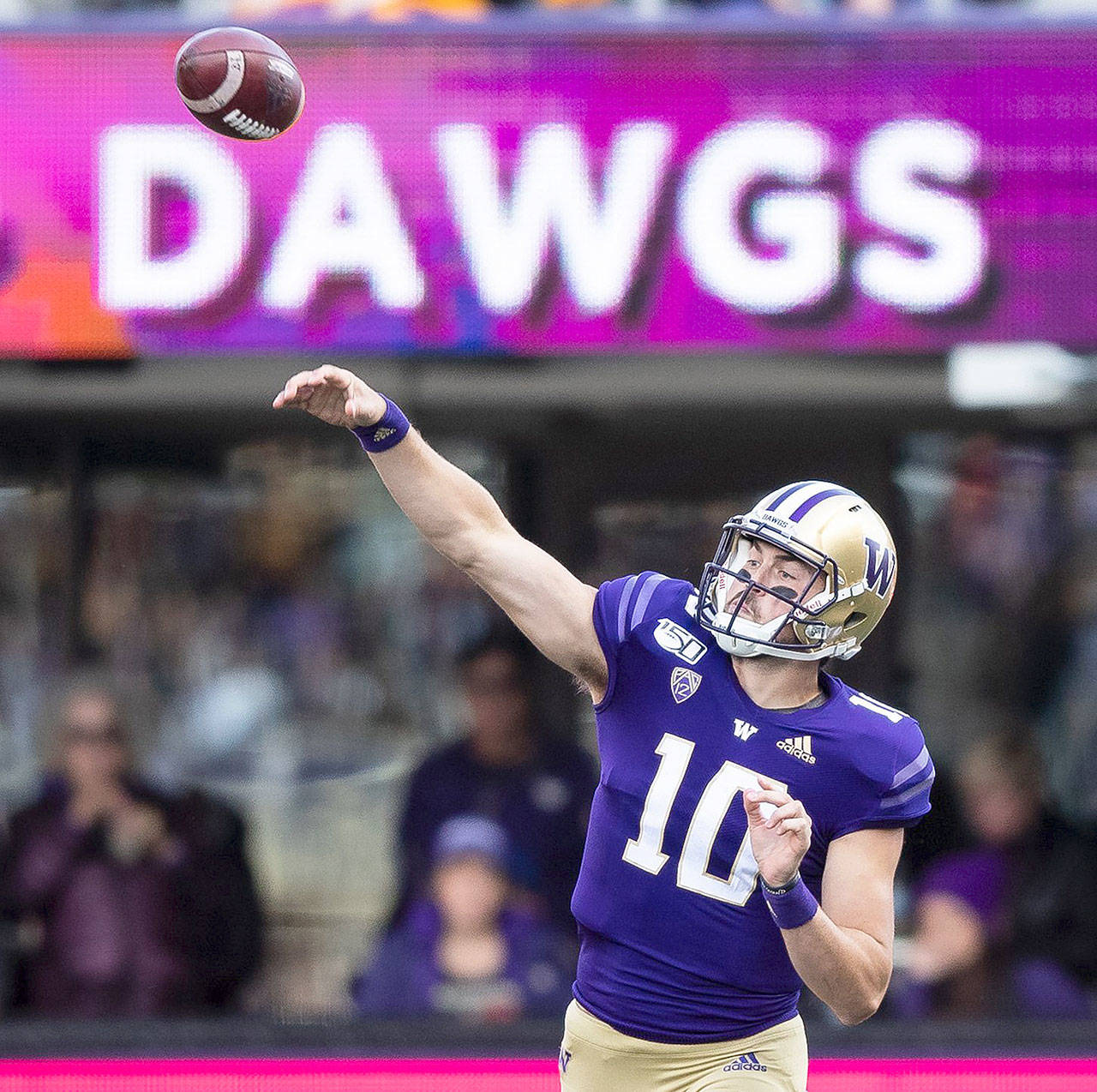 Andy Bao | Seattle Times/TNS Washington Huskies quarterback Jacob Eason (10) passes during the second half against USC on Saturday, Sept. 28, 2019 at Husky Stadium in Seattle, Wash.