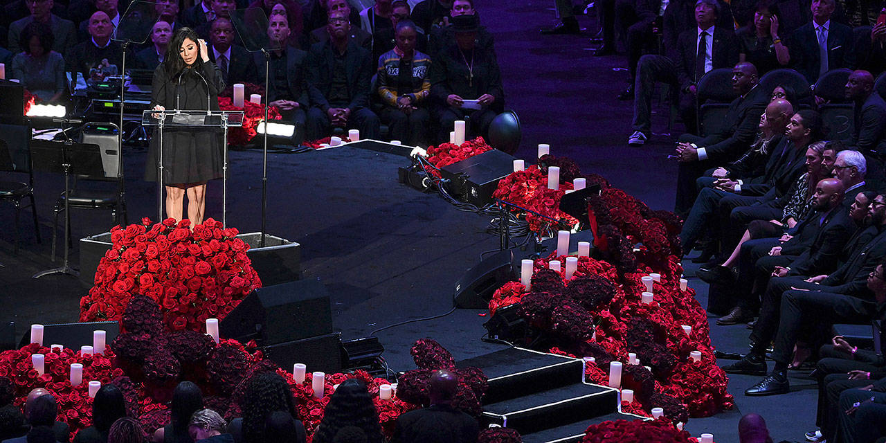 Vanessa Bryant, wife and mother of Kobe and Gianna Bryant, speaks at the Kobe & Gianna Bryant Celebration of Life on Monday at Staples Center in Los Angeles, California. (Wally Skalij | Los Angeles Times/TNS)