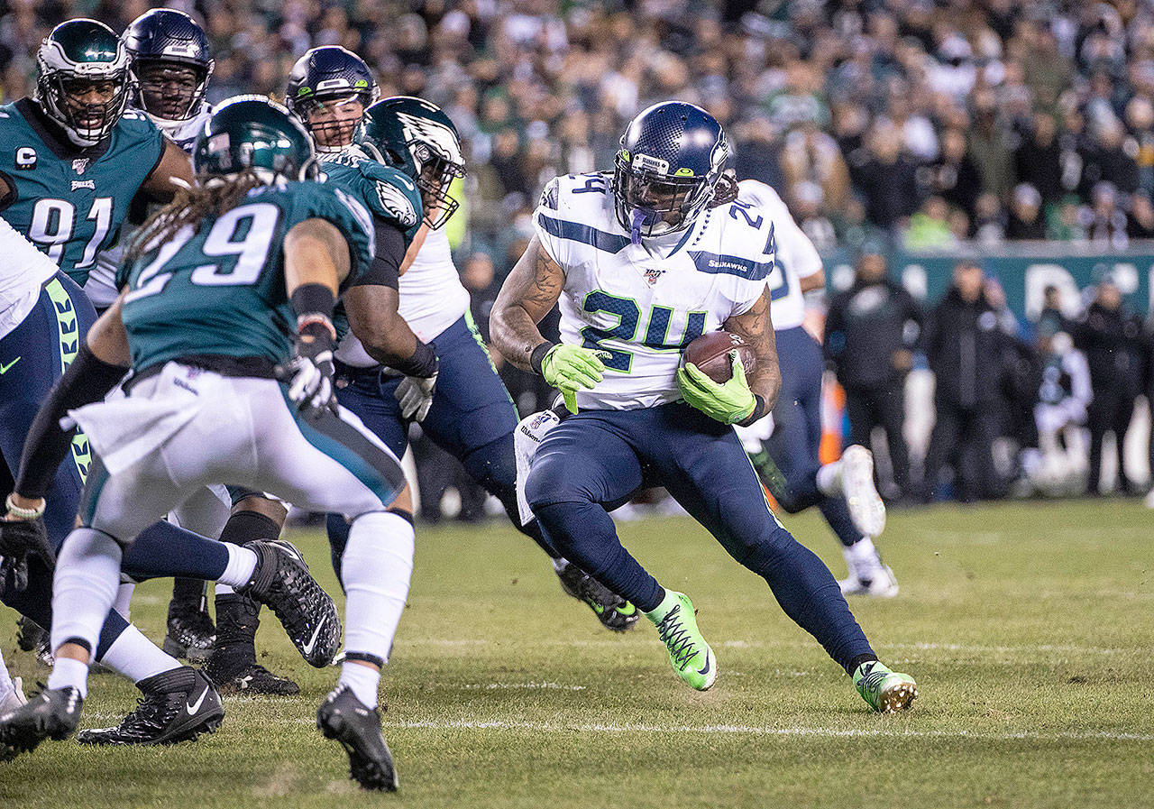 Seattle Seahawks running back Marshawn Lynch cuts into the middle of the line to score on a 5-yard touchdown in the second quarter against the Philadelphia Eagles on Sunday, Jan. 5 at Lincoln Financial Field in Philadelphia, Pa. (Dean Rutz/Seattle Times/TNS)