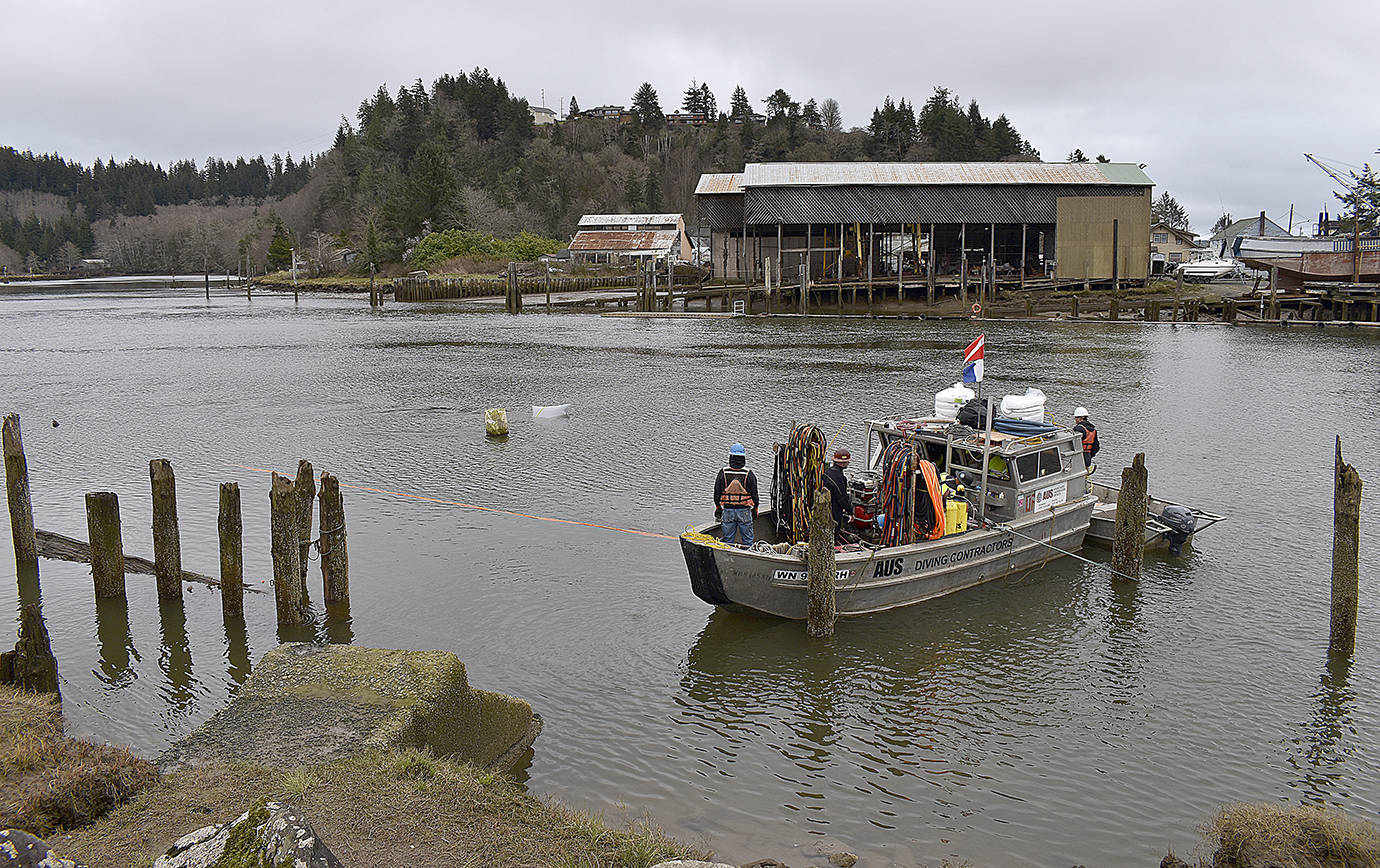 DAN HAMMOCK | GRAYS HARBOR NEWS GROUP                                 Contractors from Associated Underwater Services attempted to raise the Lady Grace from the Hoquiam River Friday. Several complicating factors were discovered and now it will be several weeks before the vessel will be removed from the river.