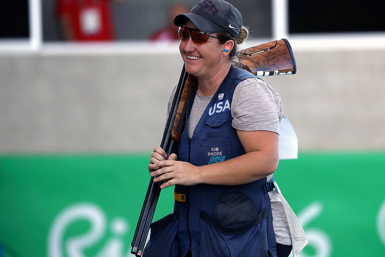 U.S. shooter Kim Rhode smiles as she wins a bronze medal in the in the women’s Skeet final at Olympic Shooting Park in Rio de Janeiro, Brazil, on Friday, Aug. 12, 2016. After medalling in six straight Olympics, Rhode failed to qualify for the upcoming Summer Games in Tokyo. (Robert Gauthier/Los Angeles Times/TNS)