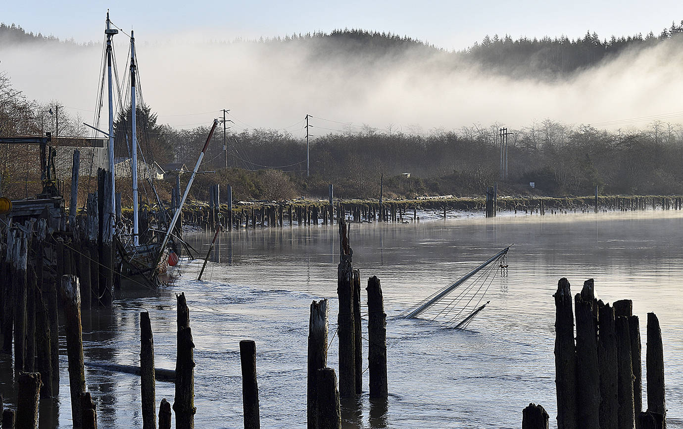 DAN HAMMOCK | GRAYS HARBOR NEWS GROUP                                 Another vessel has sunk in the Hoquiam River. This sailboat went down March 11, just upriver of the Lady Grace. This makes eight vessels that have sunk since early July 2017 on and near the property at 220 Monroe.