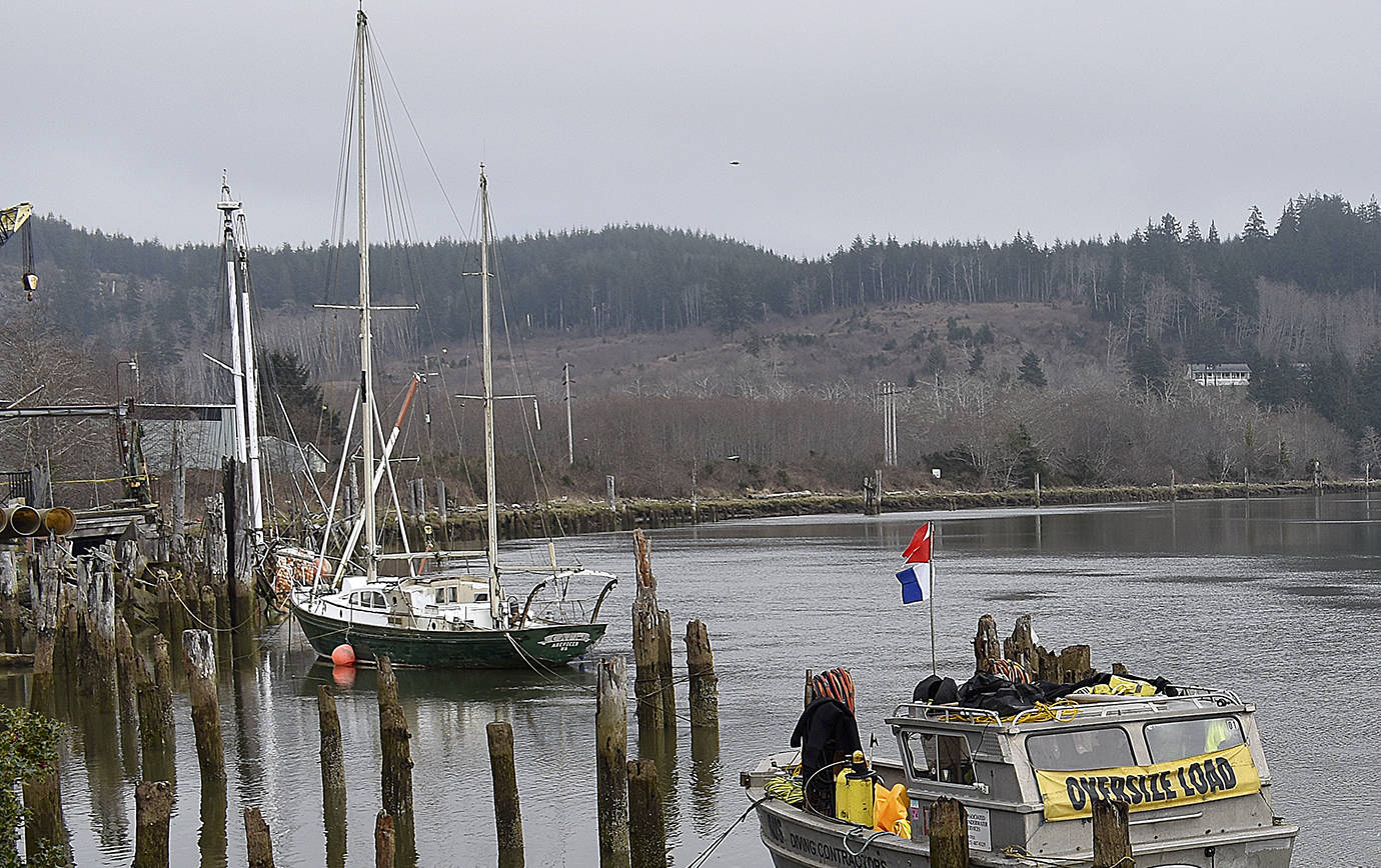 DAN HAMMOCK | GRAYS HARBOR NEWS GROUP                                 As crews attempt to raise the sunken Lady Grace from the Hoquiam River Feb. 27, the green sailboat seen in the background was still afloat. She sank March 11.