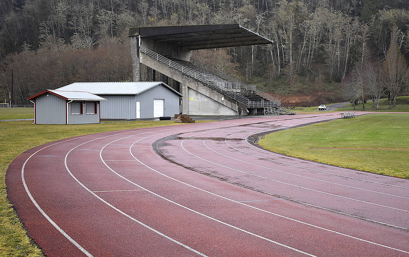 DAN HAMMOCK | GRAYS HARBOR NEWS GROUP                                 Hoquiam High School track and grandstands are pretty much empty these days.