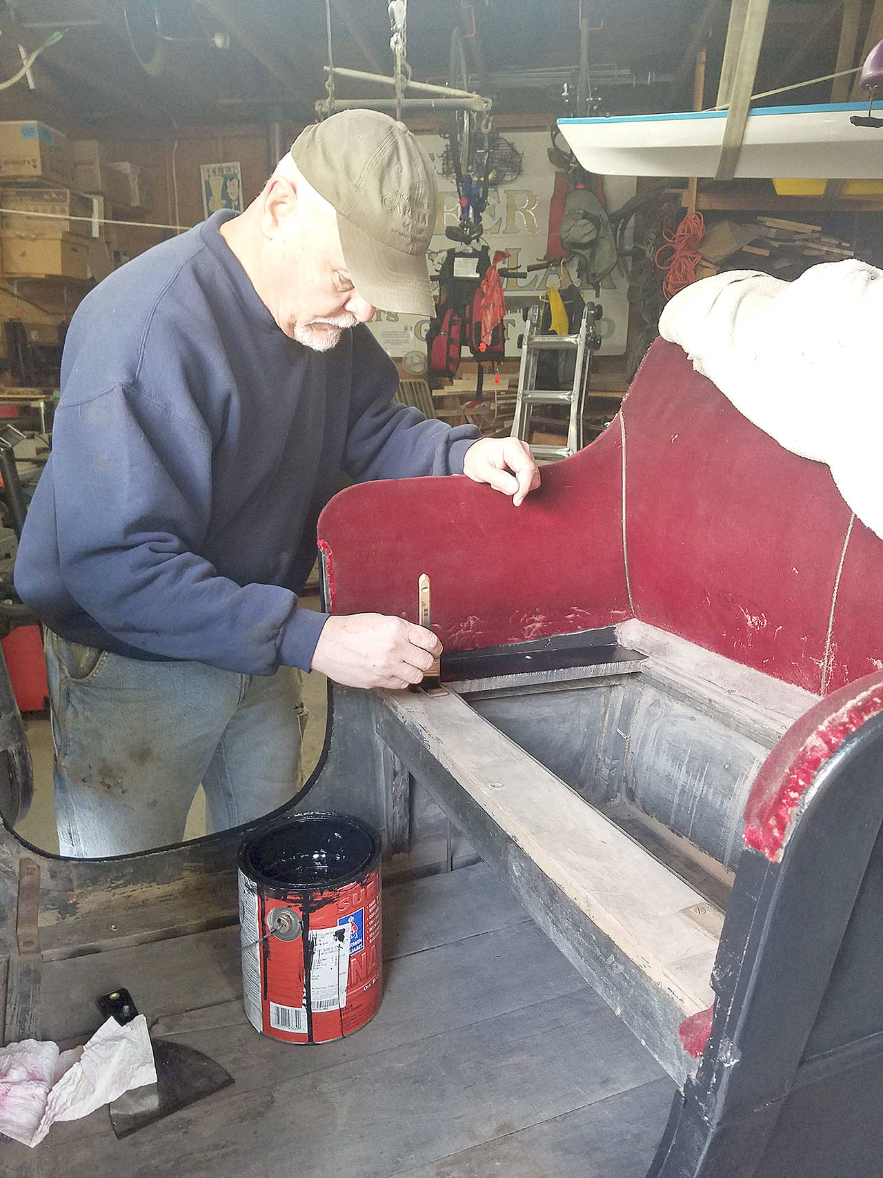 While he has time he hadn’t planned on, Jerry Bowman is in his shop restoring a circa-1880s sleigh. (Courtesy Photo)