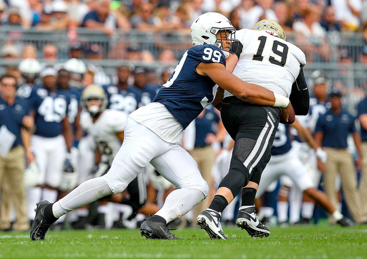 Penn State’s Yetur Gross-Matos sacks Idaho’s Colton Richardson. Gross-Matos has been linked to the Seattle Seahawks as a first-rounder in numerous mock drafts. (Matthew O’Haren, USA Today Sports)