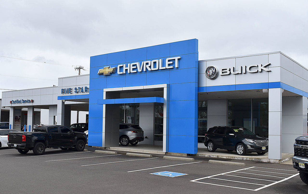 DAN HAMMOCK | GRAYS HARBOR NEWS GROUP                                Rich Hartman’s Five Star Chevrolet and Buick dealership in south Aberdeen. Auto dealers are among the list of businesses that would open almost immediately under the state Legislative Republicans economic restart plan unveiled last week.