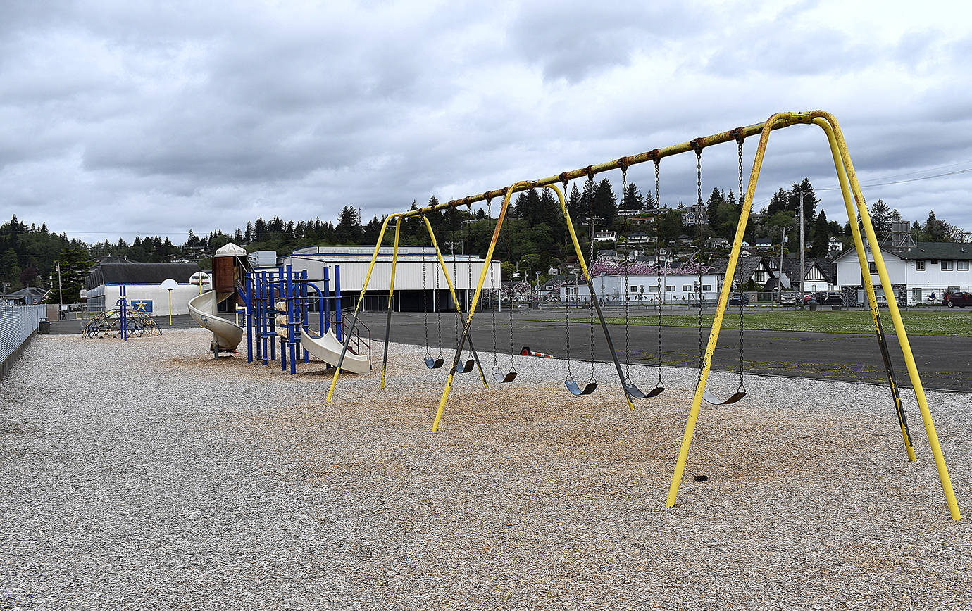 DAN HAMMOCK | GRAYS HARBOR NEWS GROUP                                Playground equipment stands empty at Central Elementary School in Hoquiam.