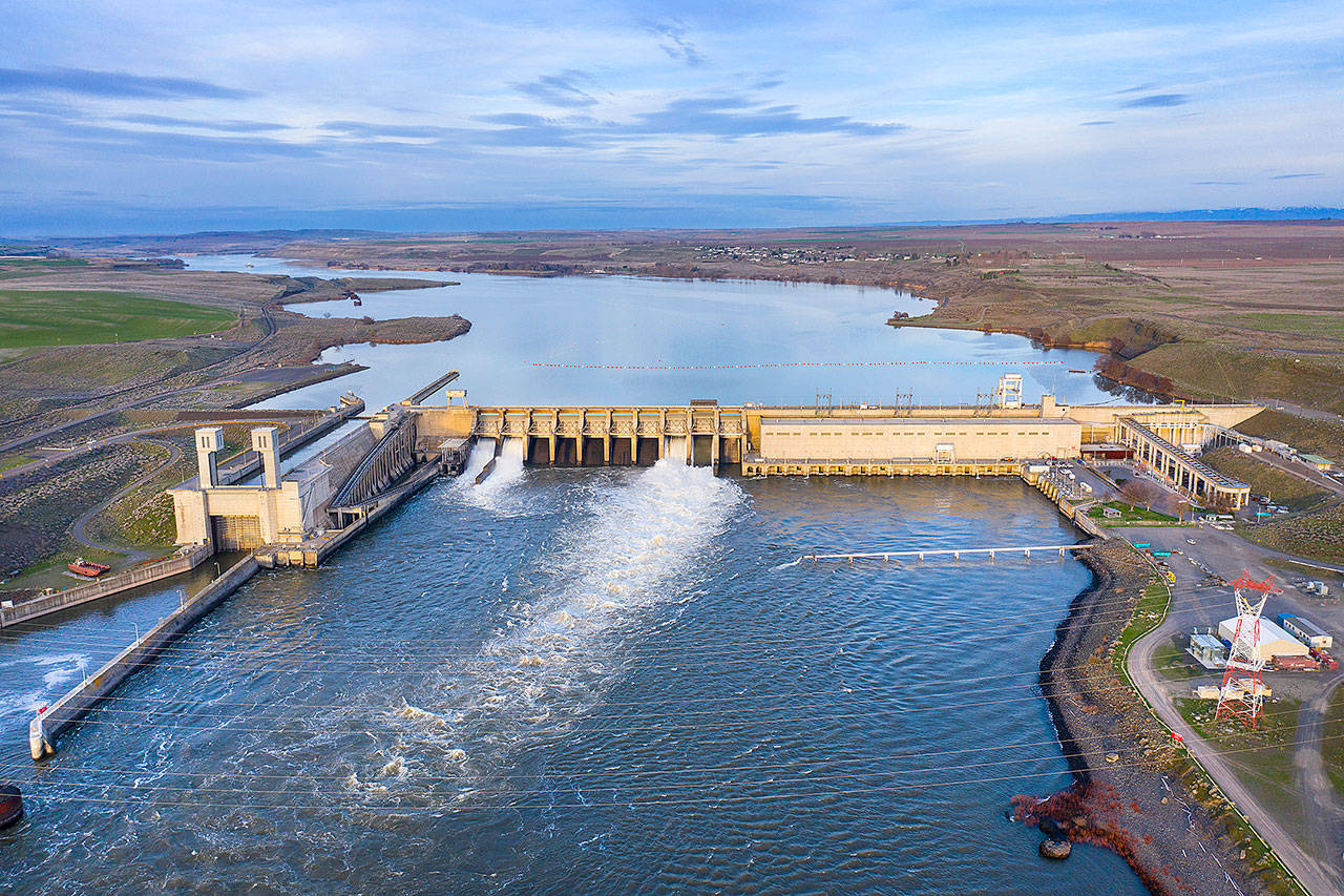 Aerial view of the Ice Harbor Dam, looking east up the Snake River. (Steve Ringman/Seattle Times)