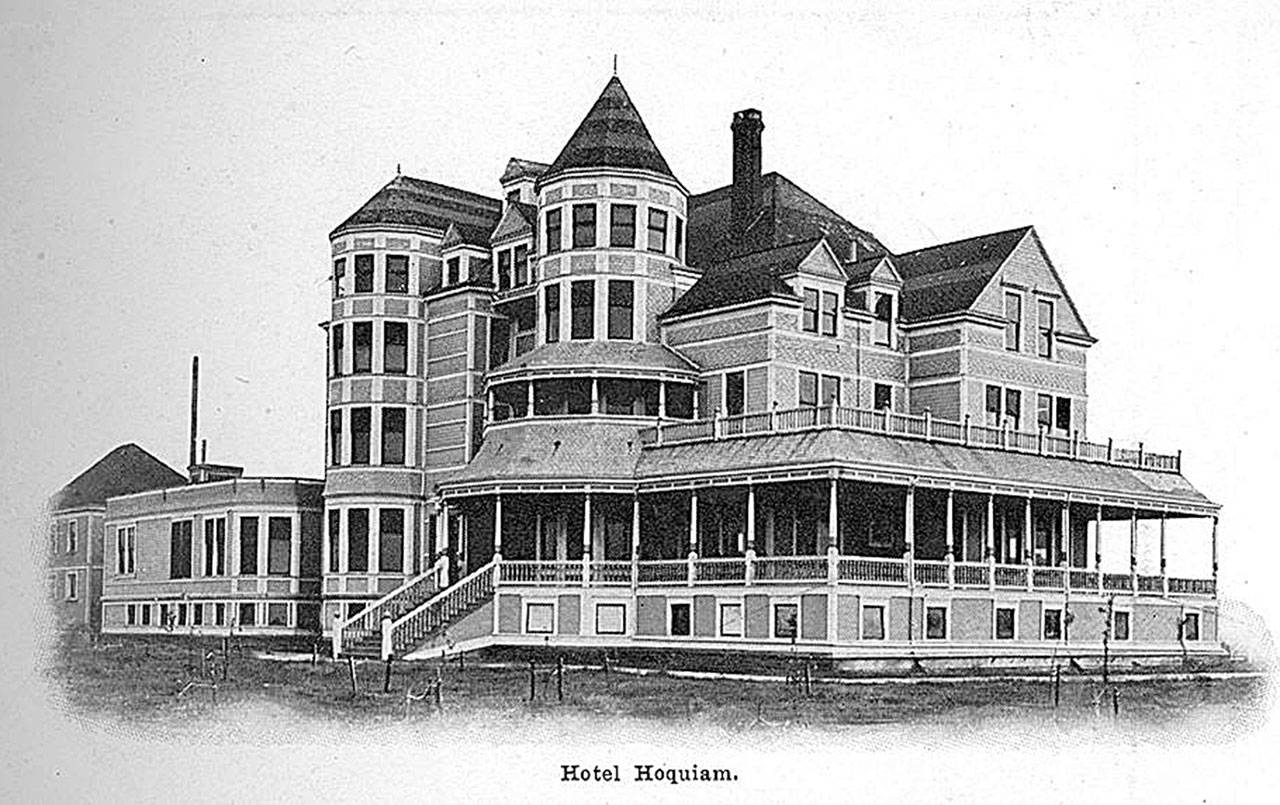 Roy Vataja Collection                                 The Hotel Hoquiam opened in June, 1900 - a massive, ornate, four-story structure with turrets and gingerbread trimmings. It stood on the south end of Hoquiam’s business district , bounded by 7th and 8th Streets and M and N Streets - across from the old Hoquiam train station and just south of where the Saron Lutheran Church stands today. It was a White Elephant, losing money and glamour, and ending up as an apartment house, but for the ten years that it stood, it was a beautiful and storied White Elephant. It burned on July 22, 1910 at the cost of 2 lives.