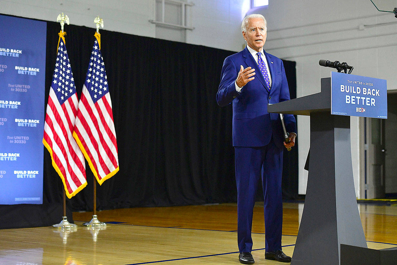 Presumptive Democratic presidential nominee former Vice President Joe Biden delivers a speech at the William Hicks Anderson Community Center in Wilmington, Delaware, on Tuesda. (Mark Makela/Getty Images)