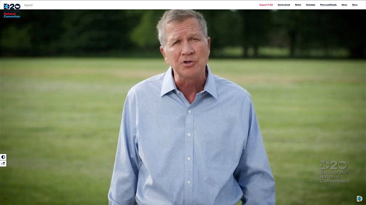 In this screenshot from the livestream of the 2020 Democratic National Convention, Republican and former Ohio Gov. John Kasich addresses the virtual convention on Monday. (DNCC/Getty Images)