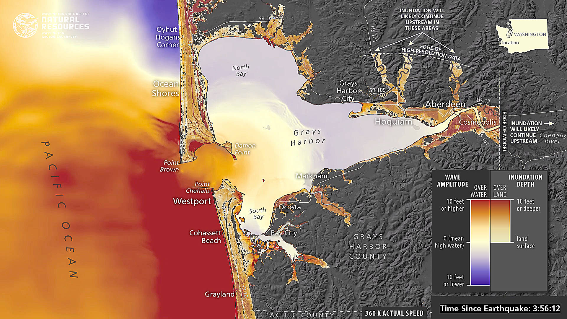 COURTESY DEPARTMENT OF NATURAL RESOURCES                                 The newly-released Grays Harbor tsunami inundation video here shows water levels about four hours after a Cascadia subduction zone 9.0 earthquake. The colors range from light yellow - little inundation - to red, which represents 10 feet or more inundation depth.