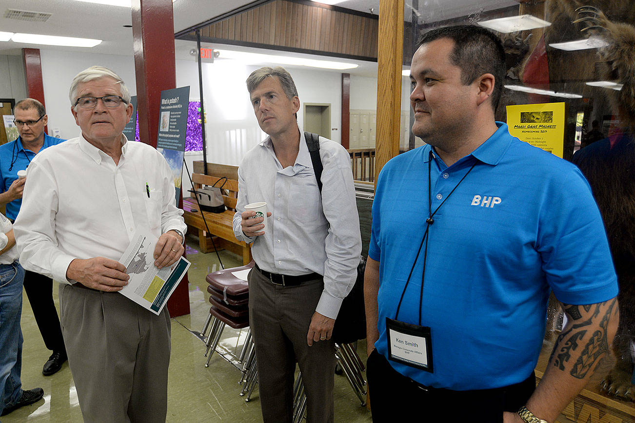 FILE PHOTO                                BHP’s Manager of Corporate Affairs Ken Smith, left, and BHP study manager Trevor Heuer answer questions after a presentation in September 2019 at the Rotary Log Pavilion in Aberdeen. The two discussed the proposed potash shipping facility at Terminal 3 at the Port of Grays Harbor.