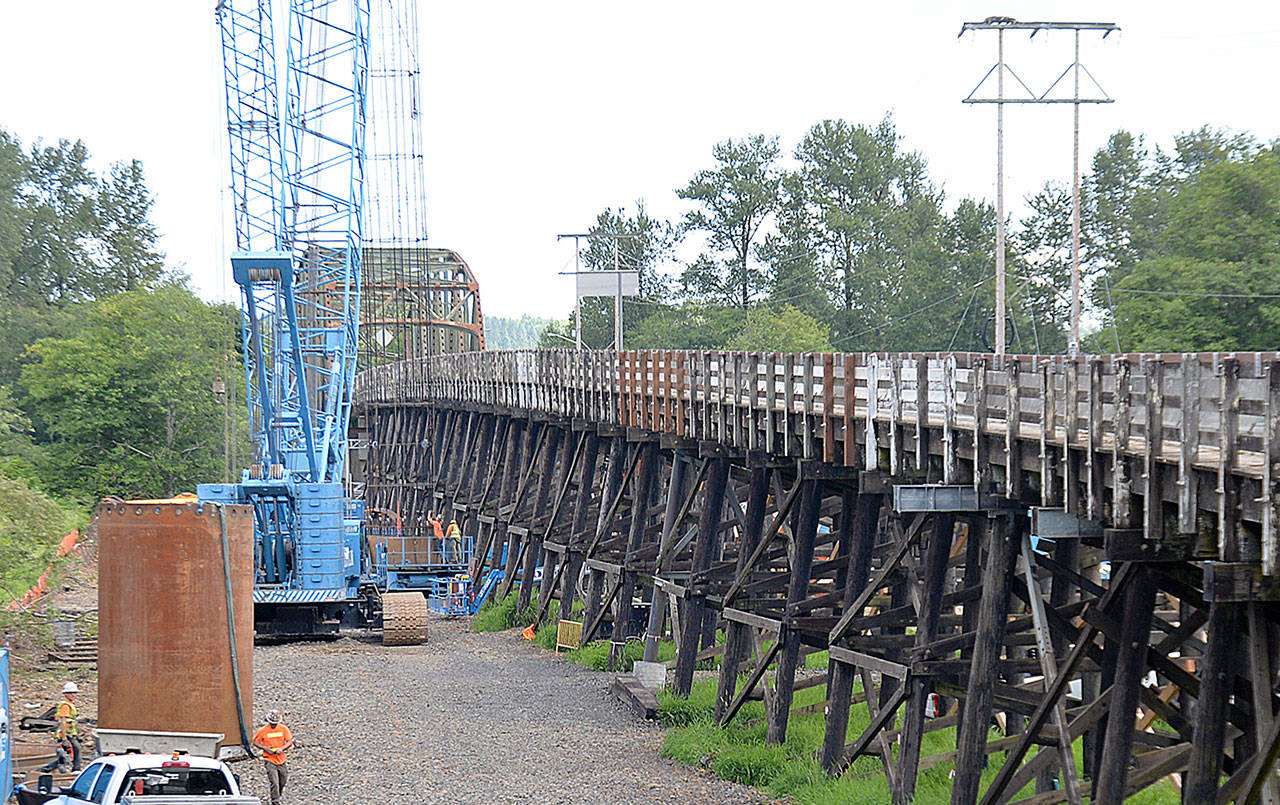 DAN HAMMOCK | THE DAILY WORLD                                The State Route 107 bridge over the Chehalis River in south Montesano will close this weekend, one of three complete closures scheduled by the Department of Transportation, as crews arrange for traffic to use the newly constructed lane as the $23.7 million rehabilitation project continues. This photo was taken last summer.