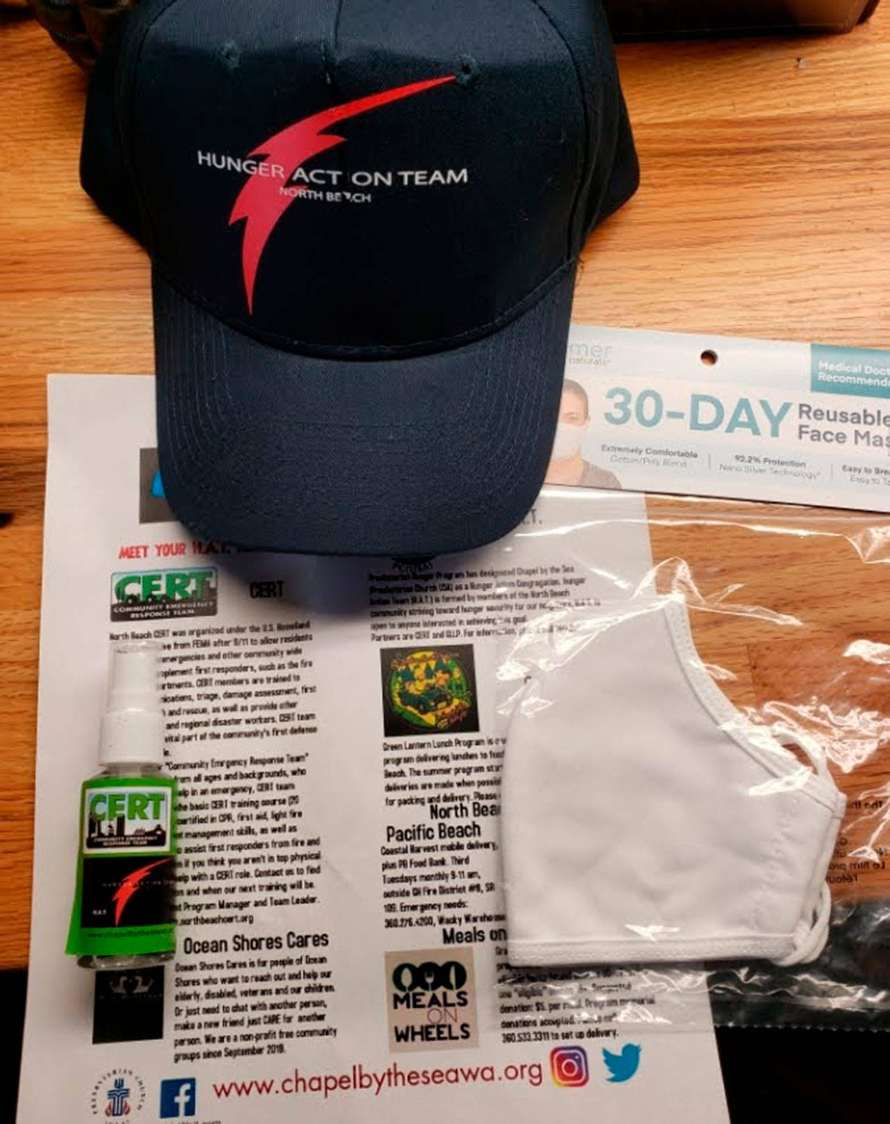 Safety kits include face masks, hand sanitizer and information sheet with emergency and food resources. (Courtesy photo)